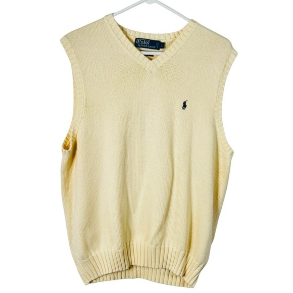 Vintage Polo Ralph‎ Lauren Sweater Vest Yellow Mens L Blue Pony Cotton Preppy - Picture 1 of 7